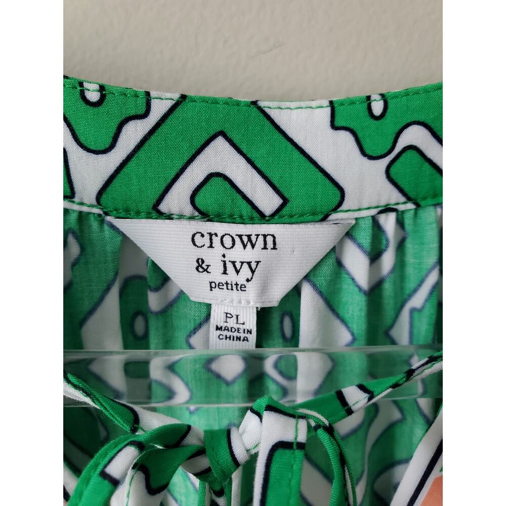 Women Crown Ivy Green White Geometric Tunic Top PL Preppy Coastal Summer Classic - Picture 5 of 10
